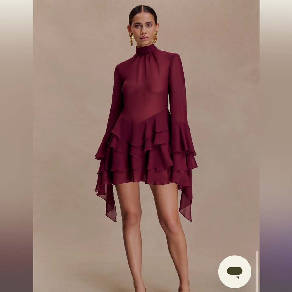 Meshki Long Sleeve High-Neck Ruffle Tiered Mini Dress in Deep Wine